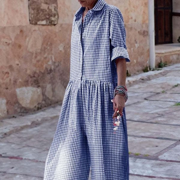 Mono de manga larga con cuello tipo blusa a cuadros con estampado de moda