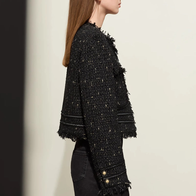 Minimalistische Tweed-Kurzjacke mit Quaste und plissierten Manschetten