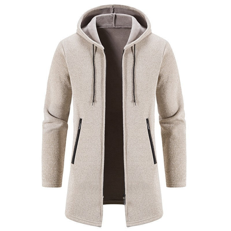 Chaqueta con capucha de longitud media para hombre, de color sólido, de moda, con forro polar grueso y otoño e invierno