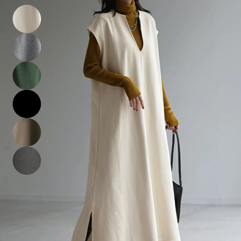 Vestido de lana con escote en V japonés y coreano para otoño e invierno