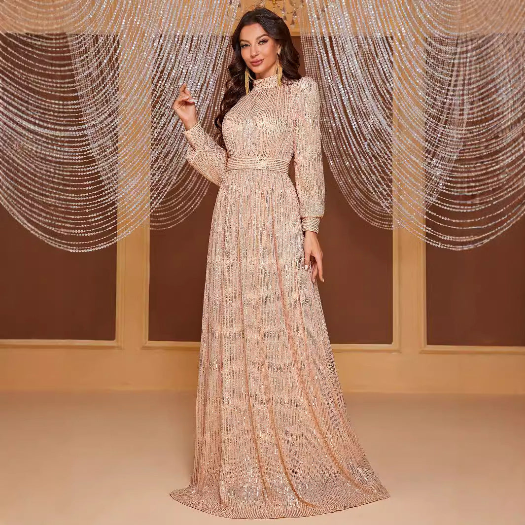 Vestido de noche largo con cuello alto y manga larga con lentejuelas de color puro, sencillo y elegante