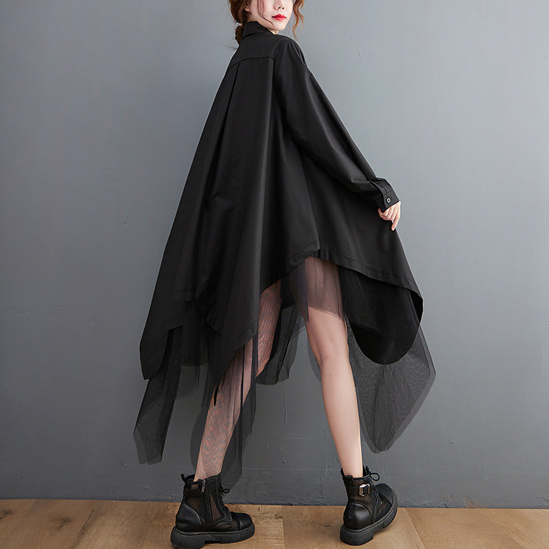 Vestido camisero de malla de doble capa con costuras irregulares y vuelo grande de dos piezas falso y suelto