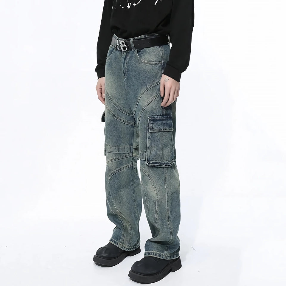 Herren-Jeanshose mit weitem Bein und Patchwork-Farbverlauf