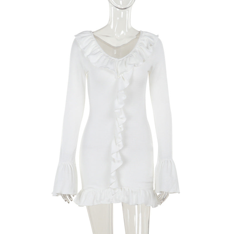Vestido de manga larga con volantes y punto ajustado a la moda para mujer