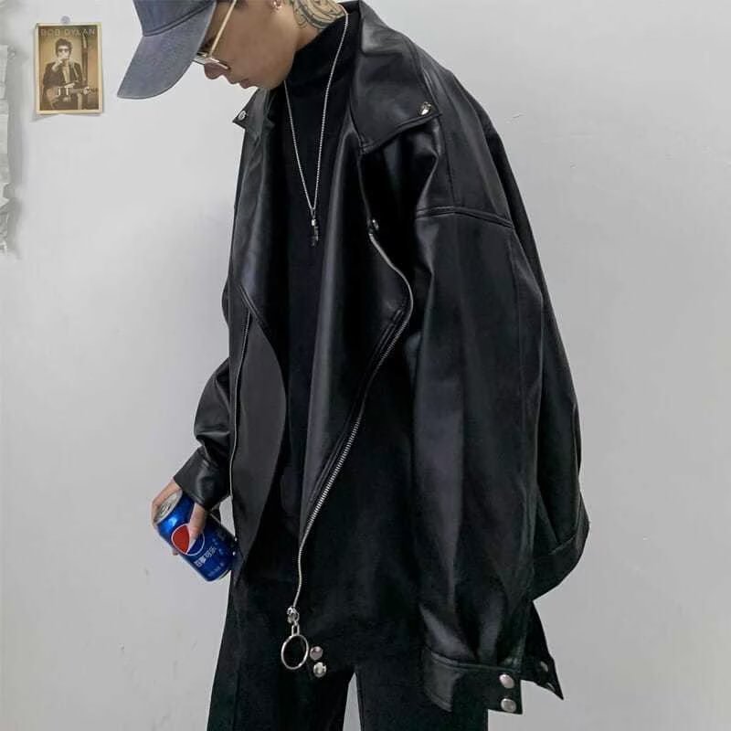 Chaqueta de motociclista Parker holgada de cuero para amantes del otoño e invierno con forro polar