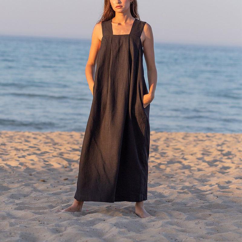 Elegantes ärmelloses Midi-Sommerkleid mit quadratischem Kragen