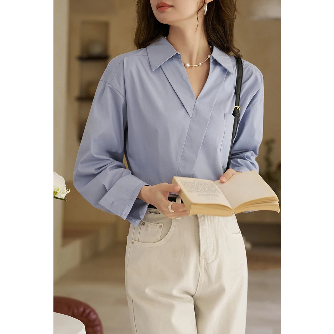 Camisa de manga larga con cuello vuelto y escote en V estilo retro francés para mujer