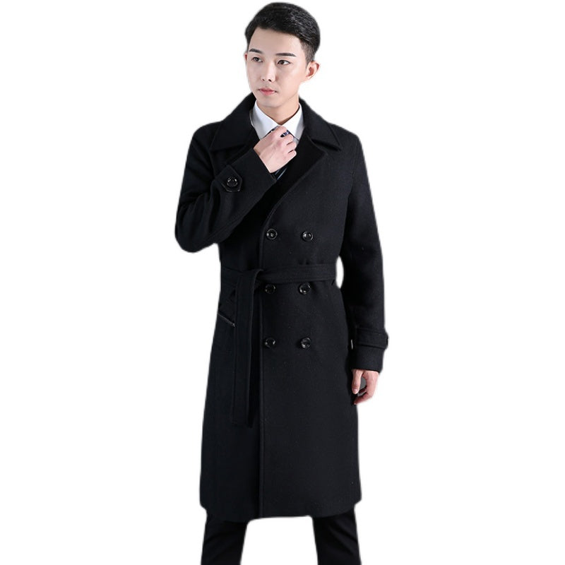 Cortavientos largo para hombre, otoño e invierno, nueva lana, cruzado, moda, ajustado