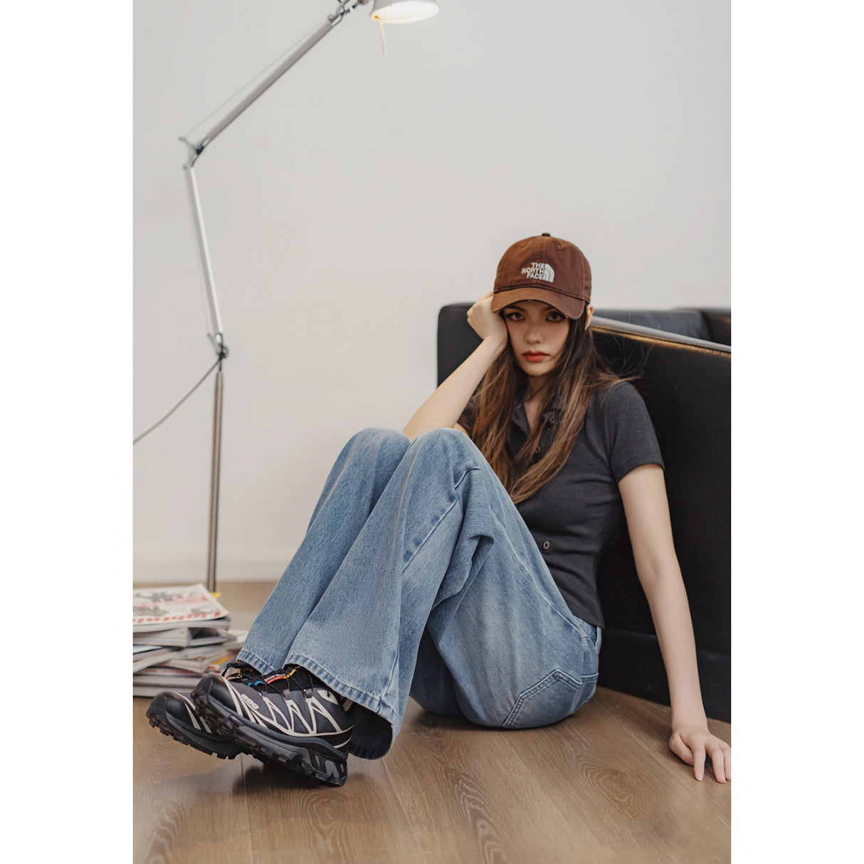 Light Blue Vintage Wide-Leg Jeans with Drawstring Waist for Women