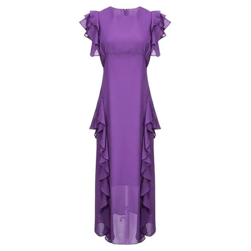 Vestido largo ajustado con cintura fruncida y volantes para mujer