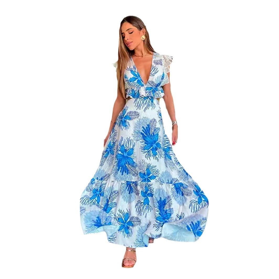 Vestido con escote en V profundo, espalda descubierta y abertura en el abdomen con estampado azul