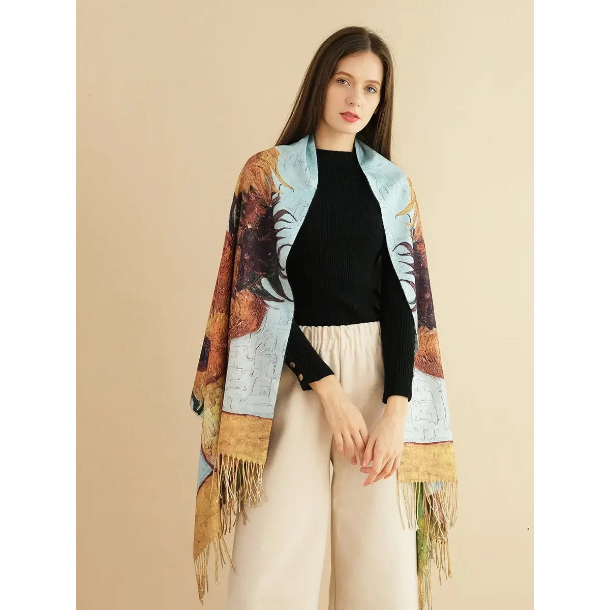 Kaschmirschal mit Sonnenblumen-Print – Luxuriöser Pashmina-Wickelschal im Van Gogh-Stil