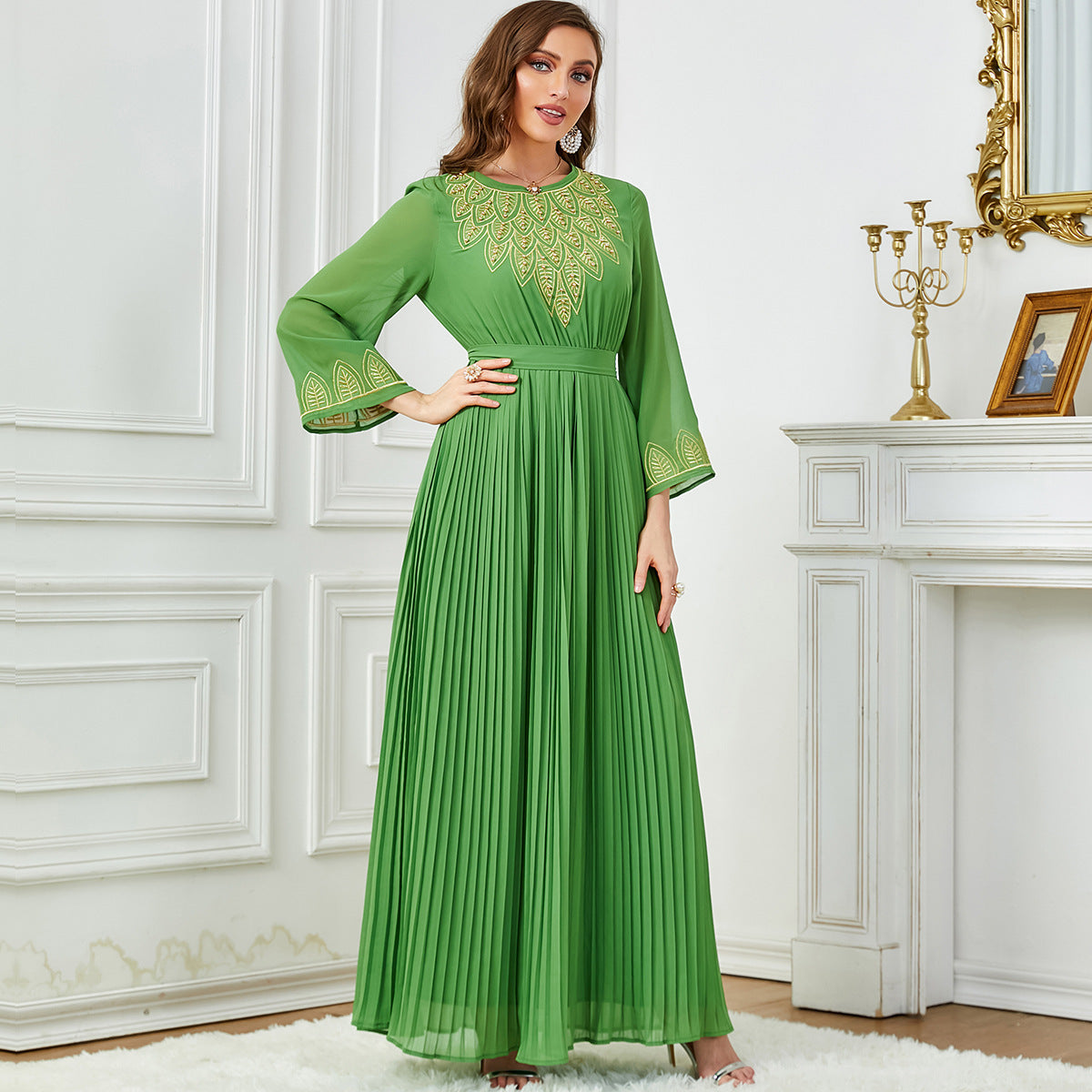 Damenmode Falten Stickerei Perlen Dubai Kleid