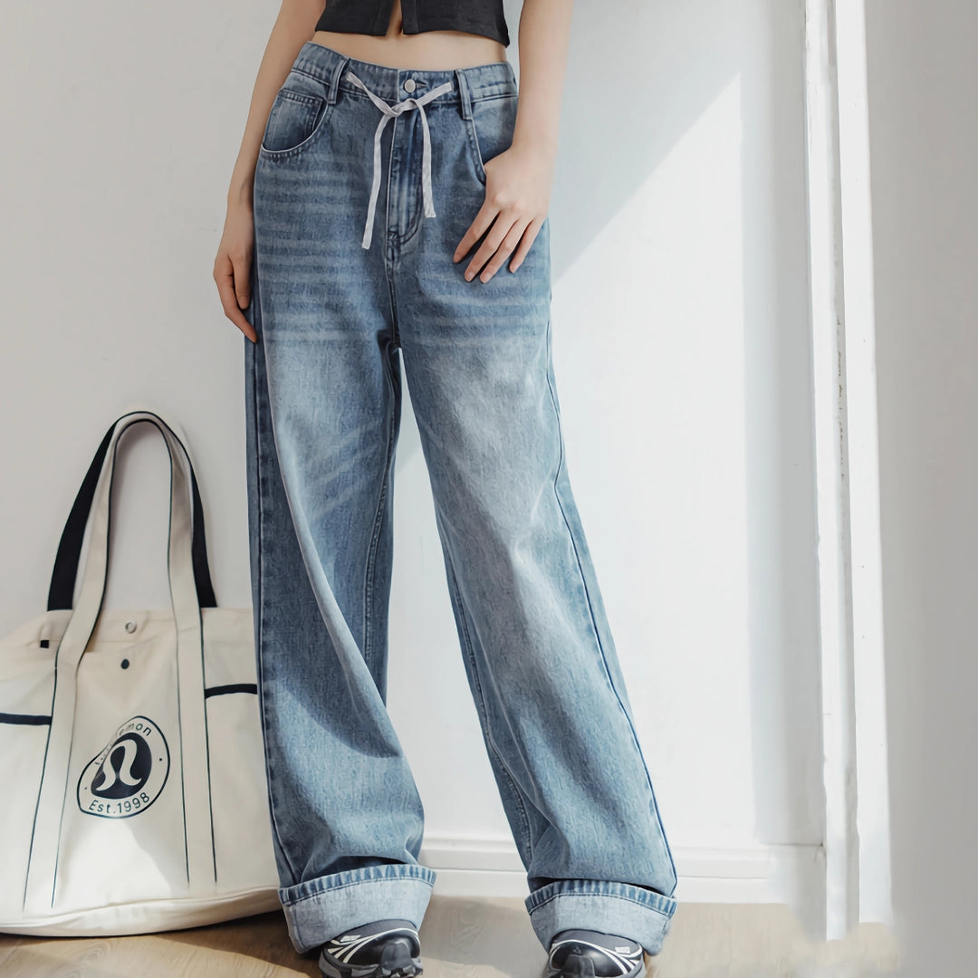 Light Blue Vintage Wide-Leg Jeans with Drawstring Waist for Women