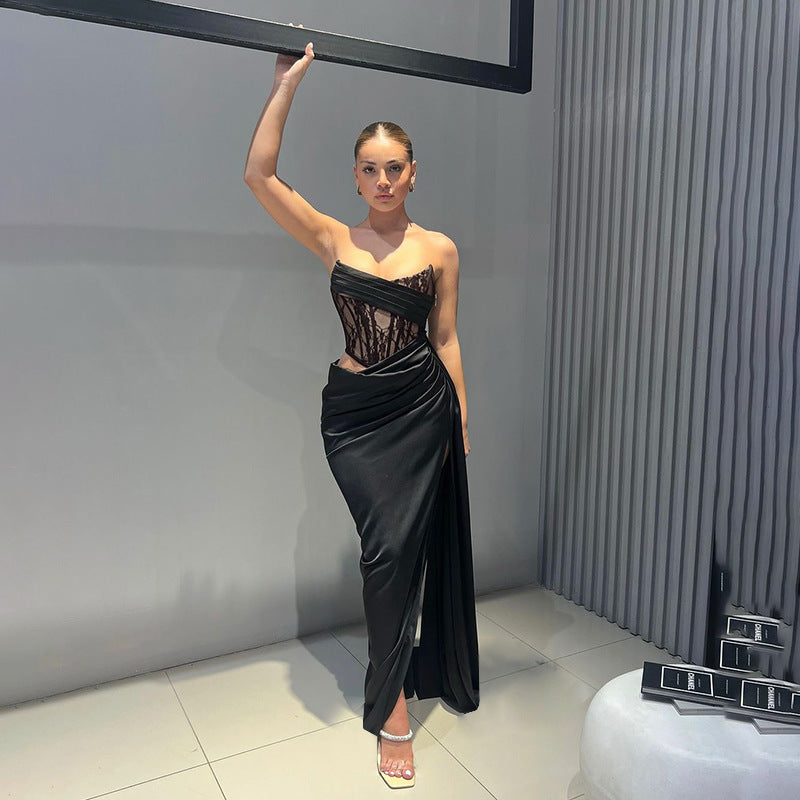 Vestido de mujer con parte superior de tubo y encaje calado