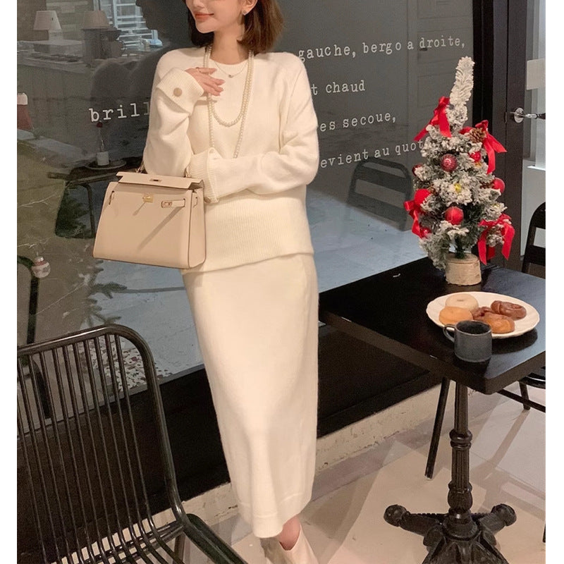 Vestido de punto interior rosa para mujer, otoño e invierno, para llevar un traje completo