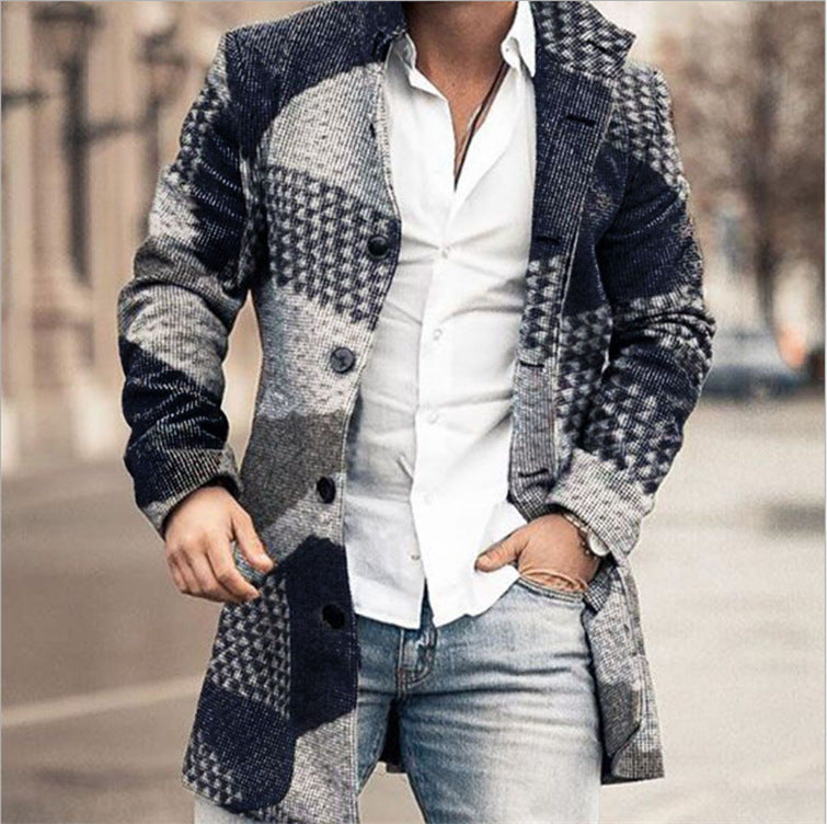 Abrigo informal de lana con cuello alto y bolsillos de longitud media para hombre para otoño e invierno