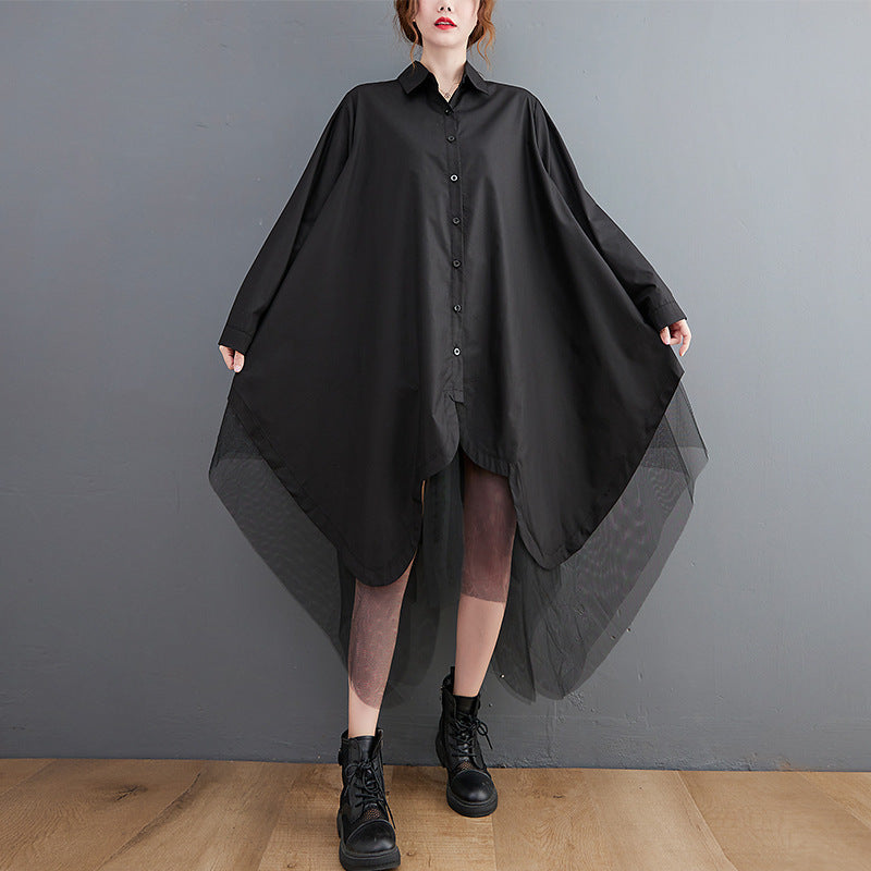 Vestido camisero de malla de doble capa con costuras irregulares y vuelo grande de dos piezas falso y suelto