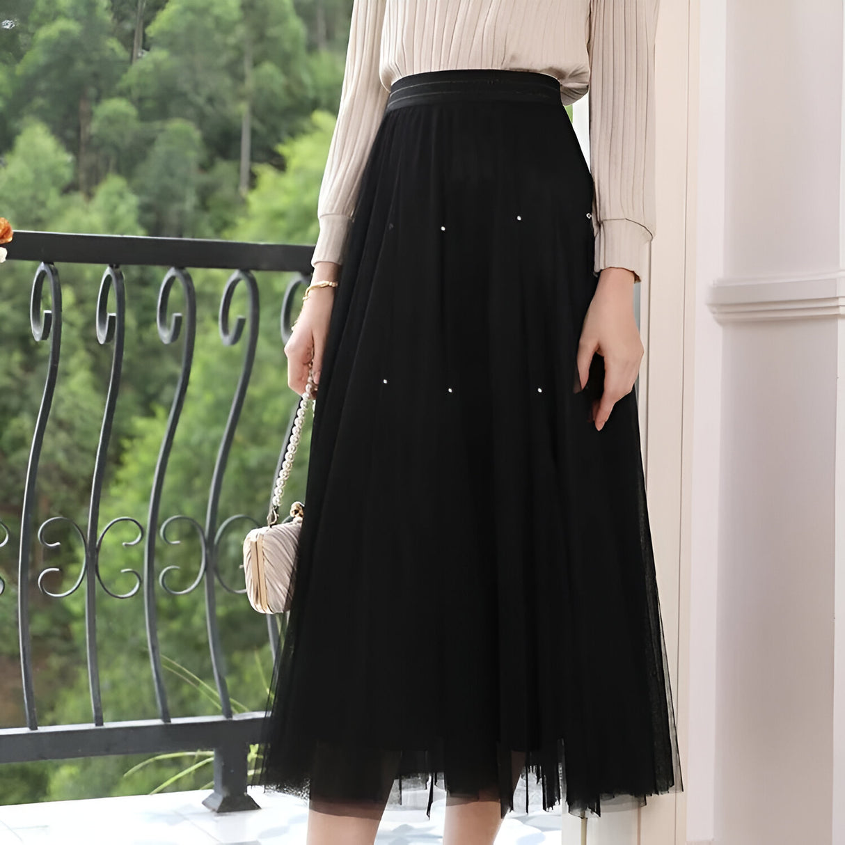 Falda elegante de malla de talle alto en forma de A