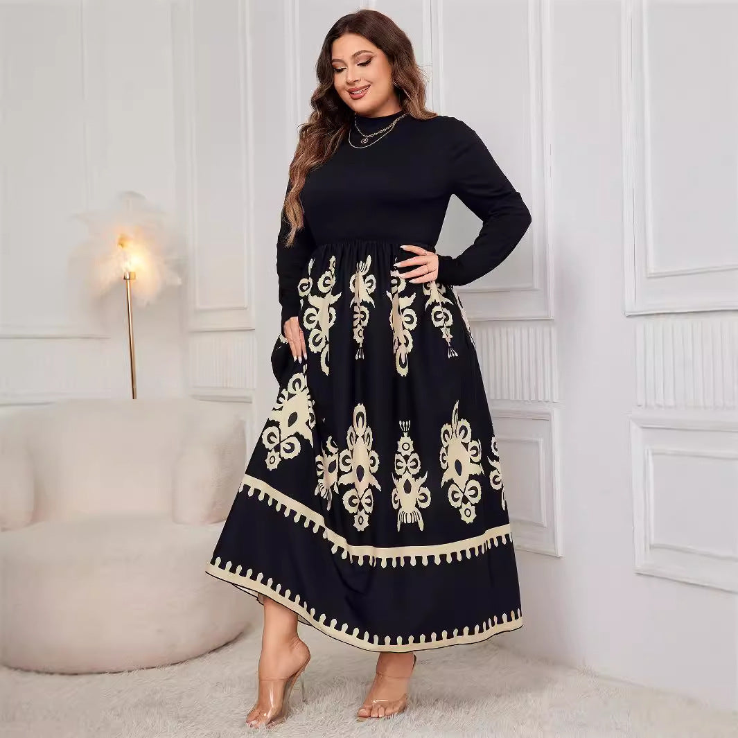 Vestido holgado de manga larga con estampado negro de talla grande