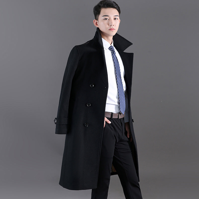 Cortavientos largo para hombre, otoño e invierno, nueva lana, cruzado, moda, ajustado