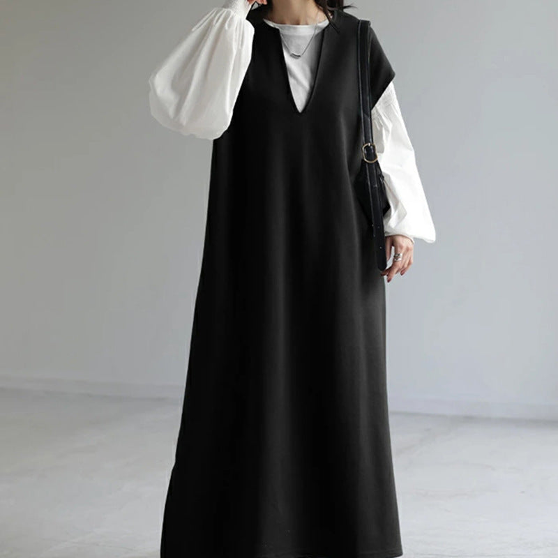 Vestido de lana con escote en V japonés y coreano para otoño e invierno