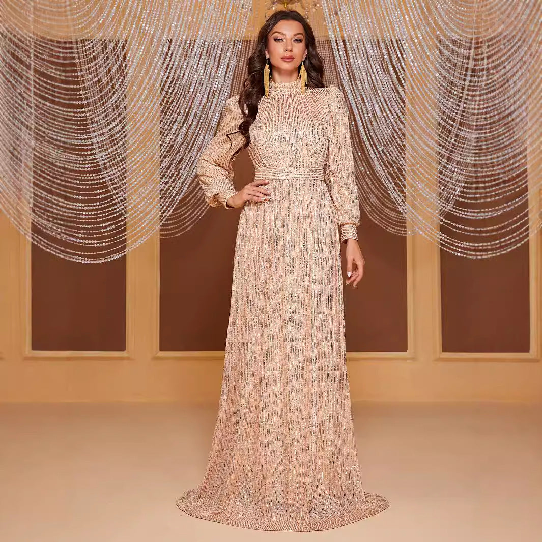 Vestido de noche largo con cuello alto y manga larga con lentejuelas de color puro, sencillo y elegante