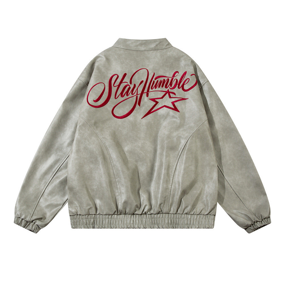 Chaqueta de cuero suelta con letras bordadas para hombre
