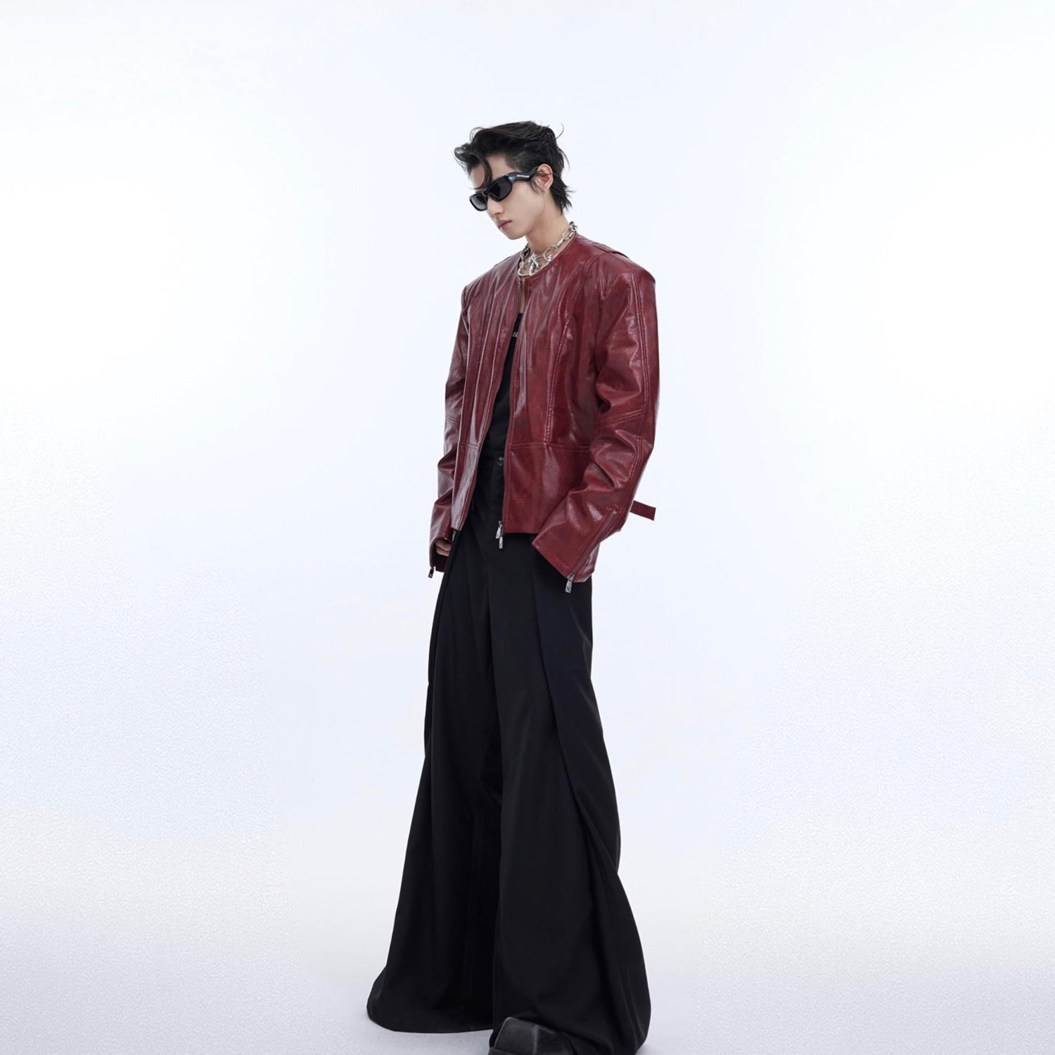 Texture Sense Padded Shoulder Leather Coat Men