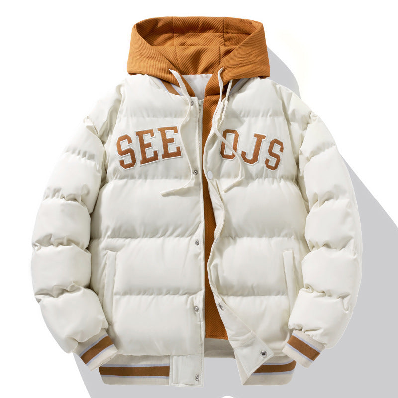 Abrigo de algodón con capucha y letras de moda, chaqueta cálida de invierno con cremallera sólida para hombres y adolescentes