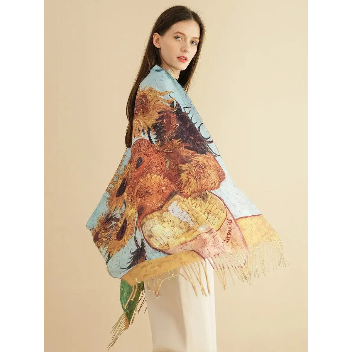 Kaschmirschal mit Sonnenblumen-Print – Luxuriöser Pashmina-Wickelschal im Van Gogh-Stil