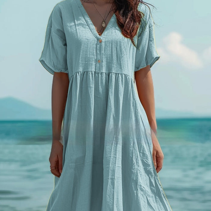 Vestido de lino y algodón de manga corta para mujer
