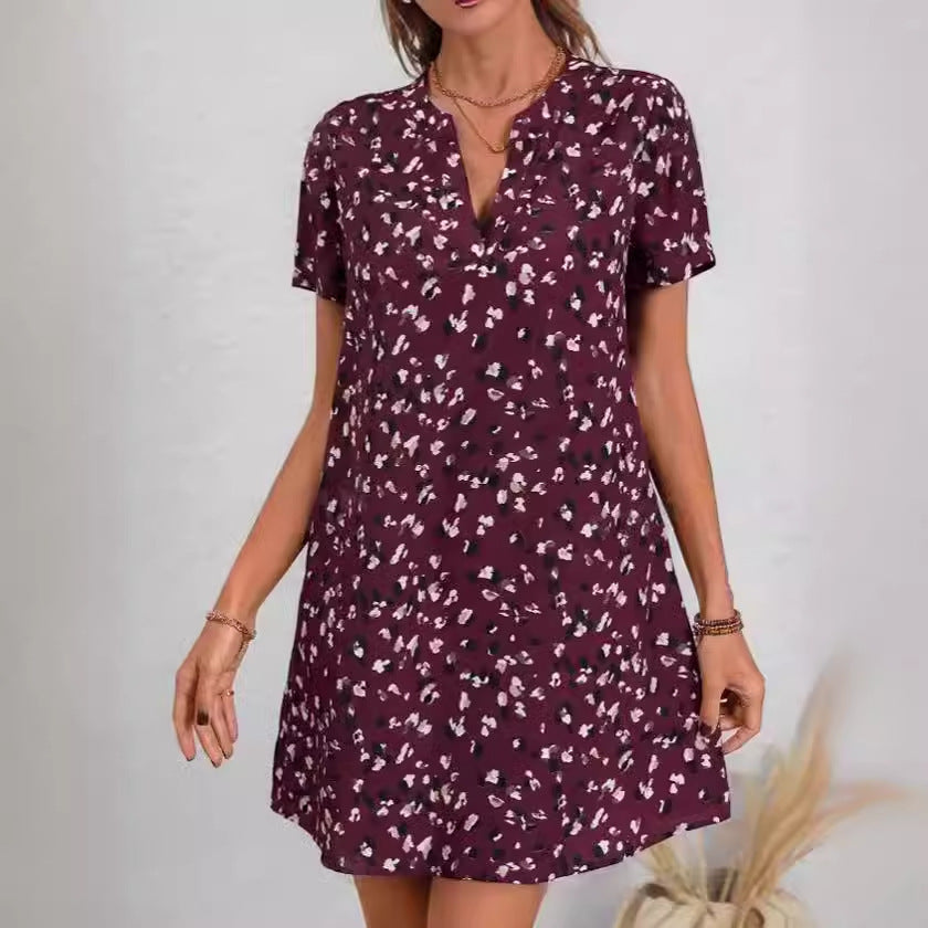 Bedrucktes kurzärmliges mittellanges Hemdblusenkleid für Damen