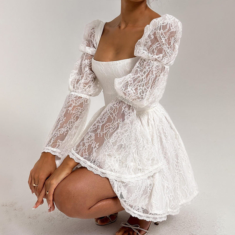 Vestido de otoño nuevo sexy de encaje con escote cuadrado y manga larga en la cintura