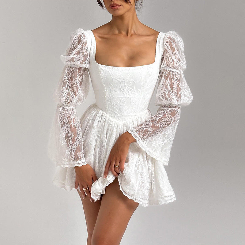 Vestido de otoño nuevo sexy de encaje con escote cuadrado y manga larga en la cintura