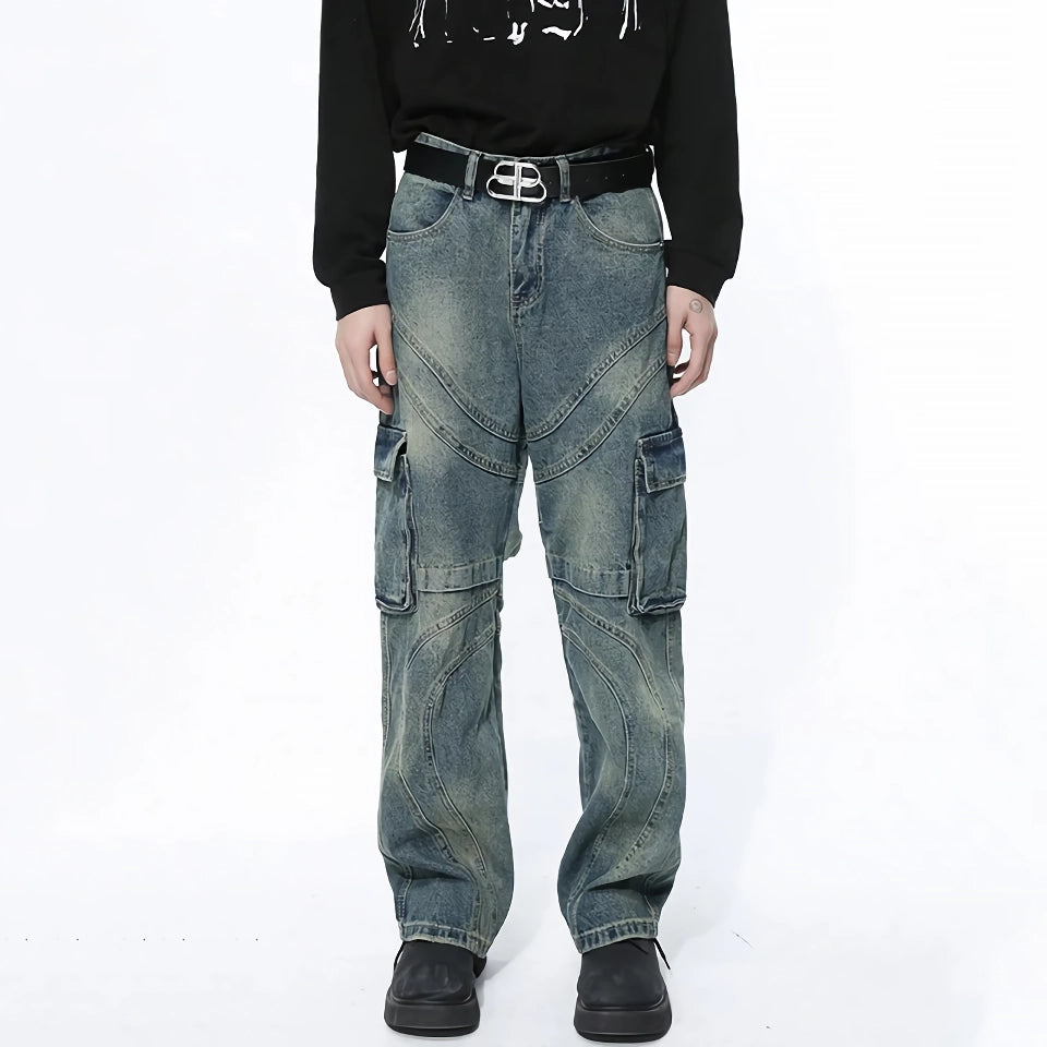 Herren-Jeanshose mit weitem Bein und Patchwork-Farbverlauf