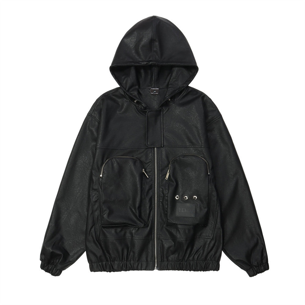 Chaqueta de cuero con capucha estilo motociclista oscuro para hombre