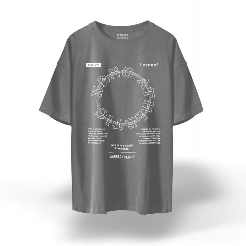 Camiseta holgada de algodón con cuello redondo, media manga y estampado fino