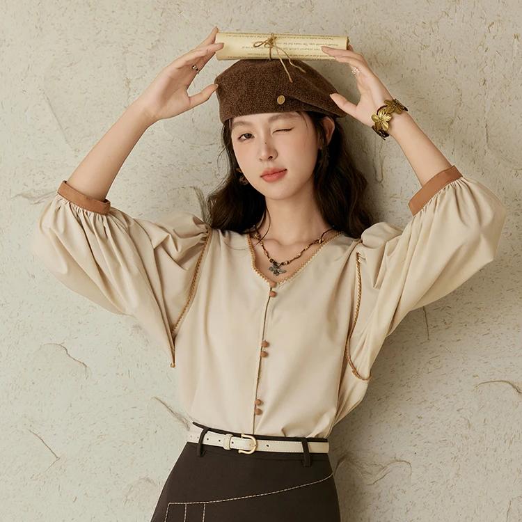 Camisa informal con mangas abullonadas y escote en V estilo retro francés para mujer