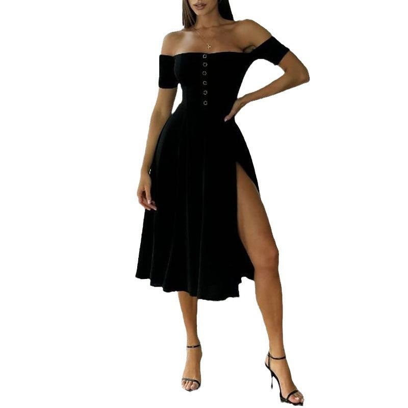 Elegantes, einfarbiges, lockeres, lässiges, schulterfreies Kleid