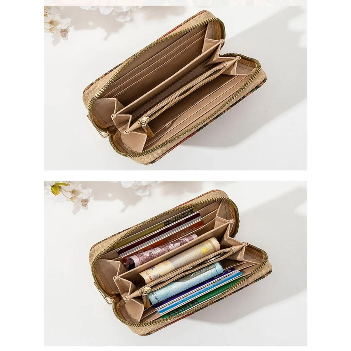 Cartera corta de mujer con estampado vintage