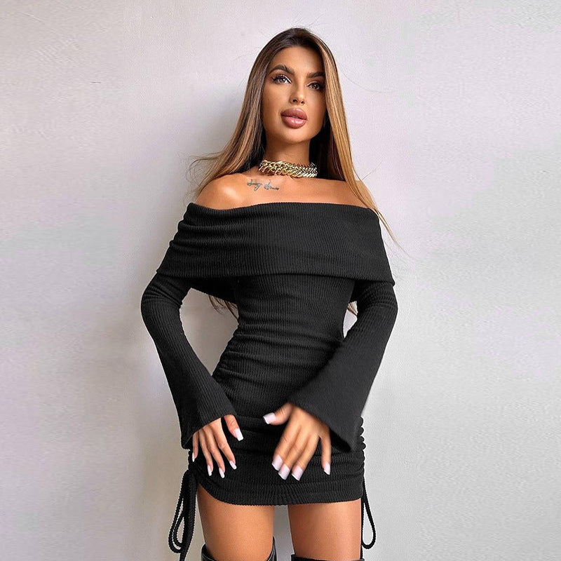 Slim-Fit Off-Shoulder Kordelzug Tasche Hüftkleid Damen
