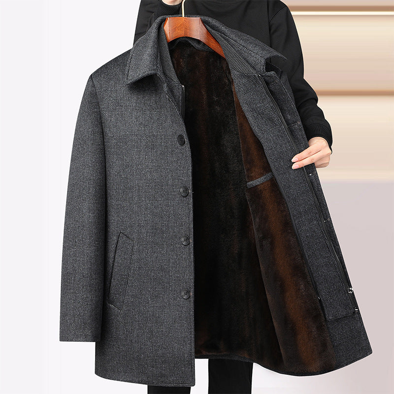 Herren Wollmantel Mittellang Fleece Plaid Abnehmbarer Doppelkragen