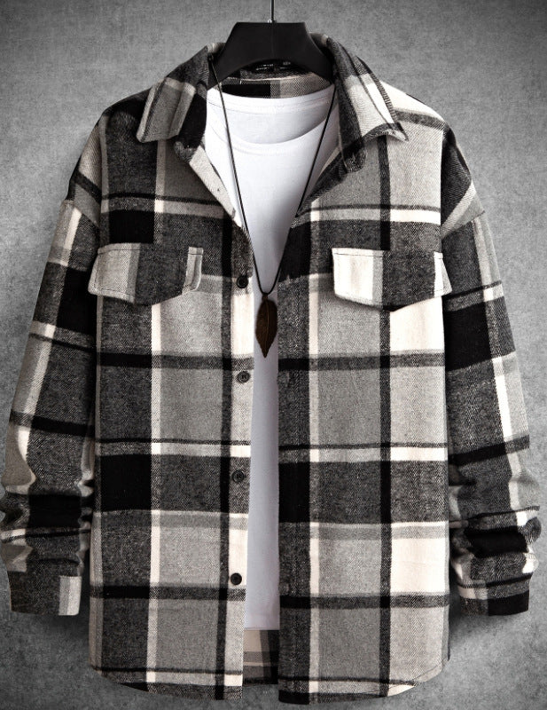 Camisa de franela de manga larga con cuadros cepillados entallados para hombre otoño-invierno