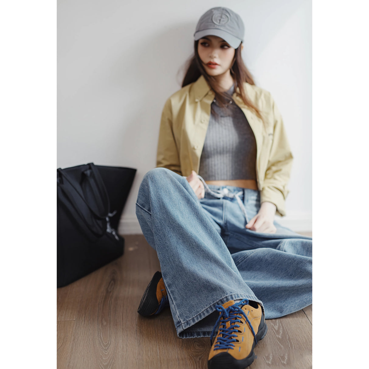 Light Blue Vintage Wide-Leg Jeans with Drawstring Waist for Women