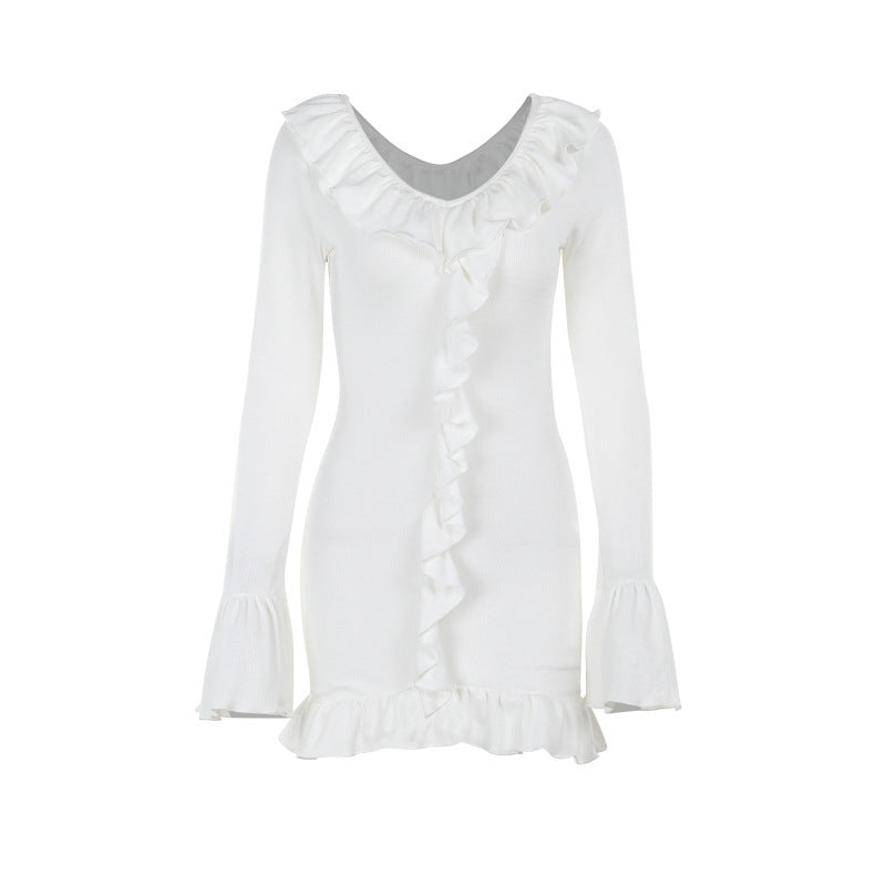 Vestido de manga larga con volantes y punto ajustado a la moda para mujer