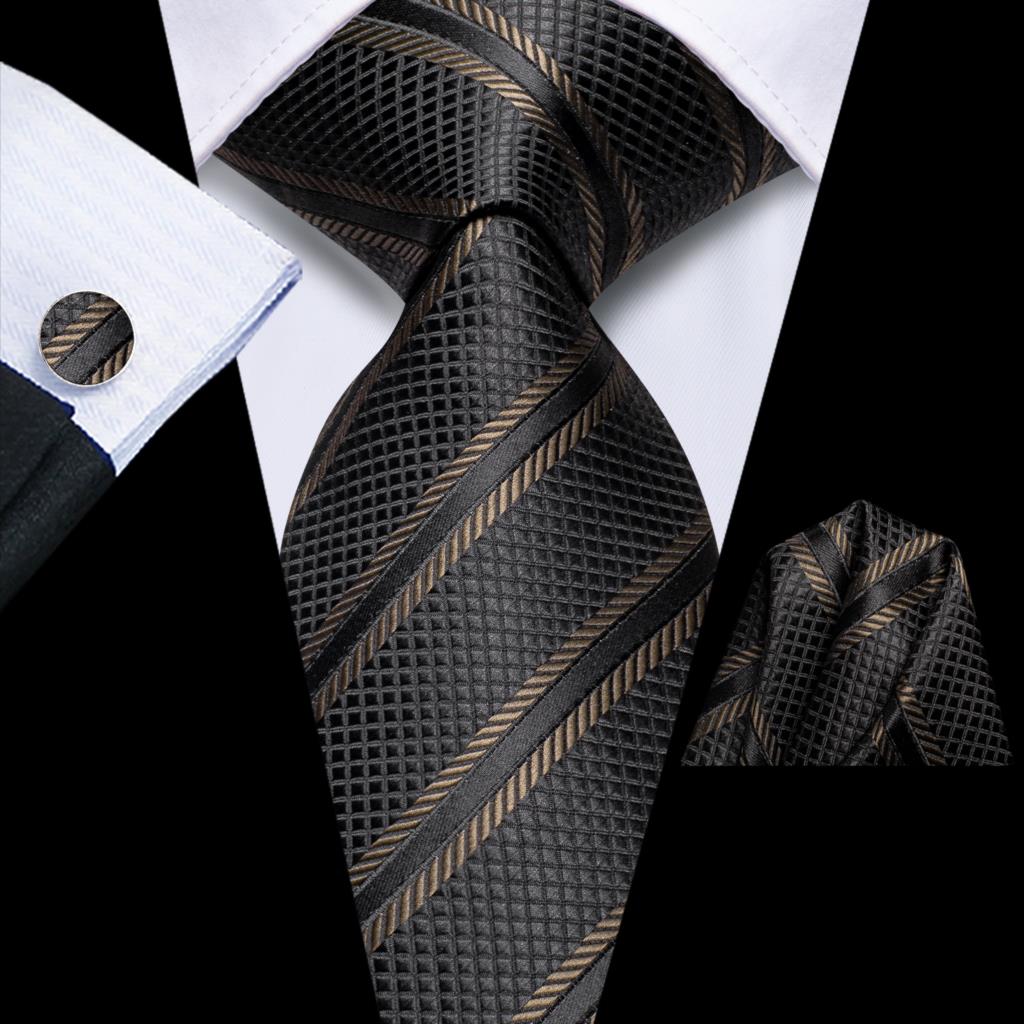 Conjunto de corbata de rayas negras y marrones con pañuelo y gemelos