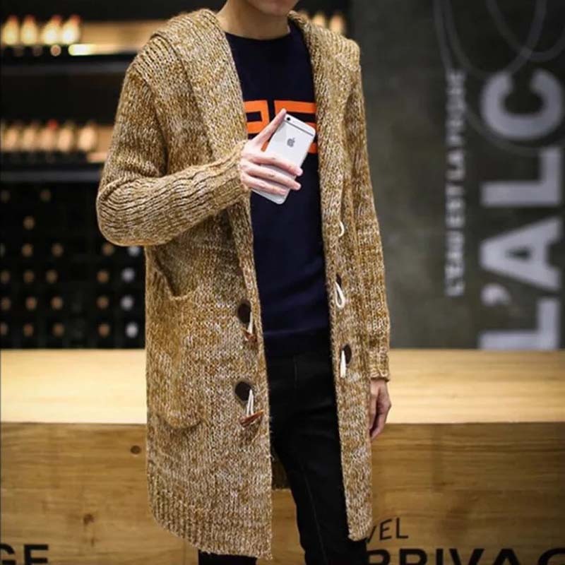 Suéter holgado largo de mohair con capucha para hombre, chaqueta de punto con bolsillo a la moda