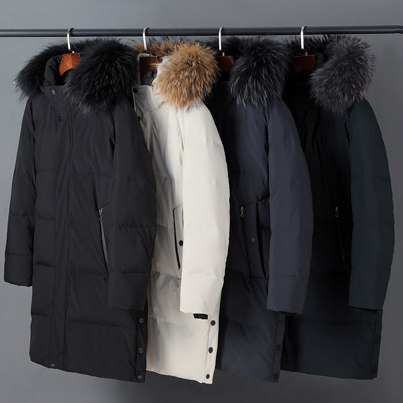 Mittellange, leichte, luxuriöse, verdickte, warme, kältebeständige Daunenjacke mit Kapuze und Pelzkragen