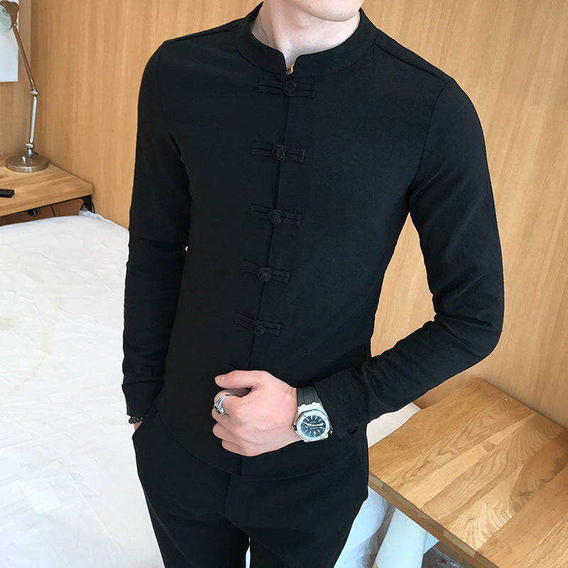 Retro Einfarbig Casual Hemd Jugend Slim Fit Frosch Langarm